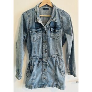 Shock & Blue Mini Jean Dress Button Down & Tie Cinch Waist Sz Medium 100% Cotton